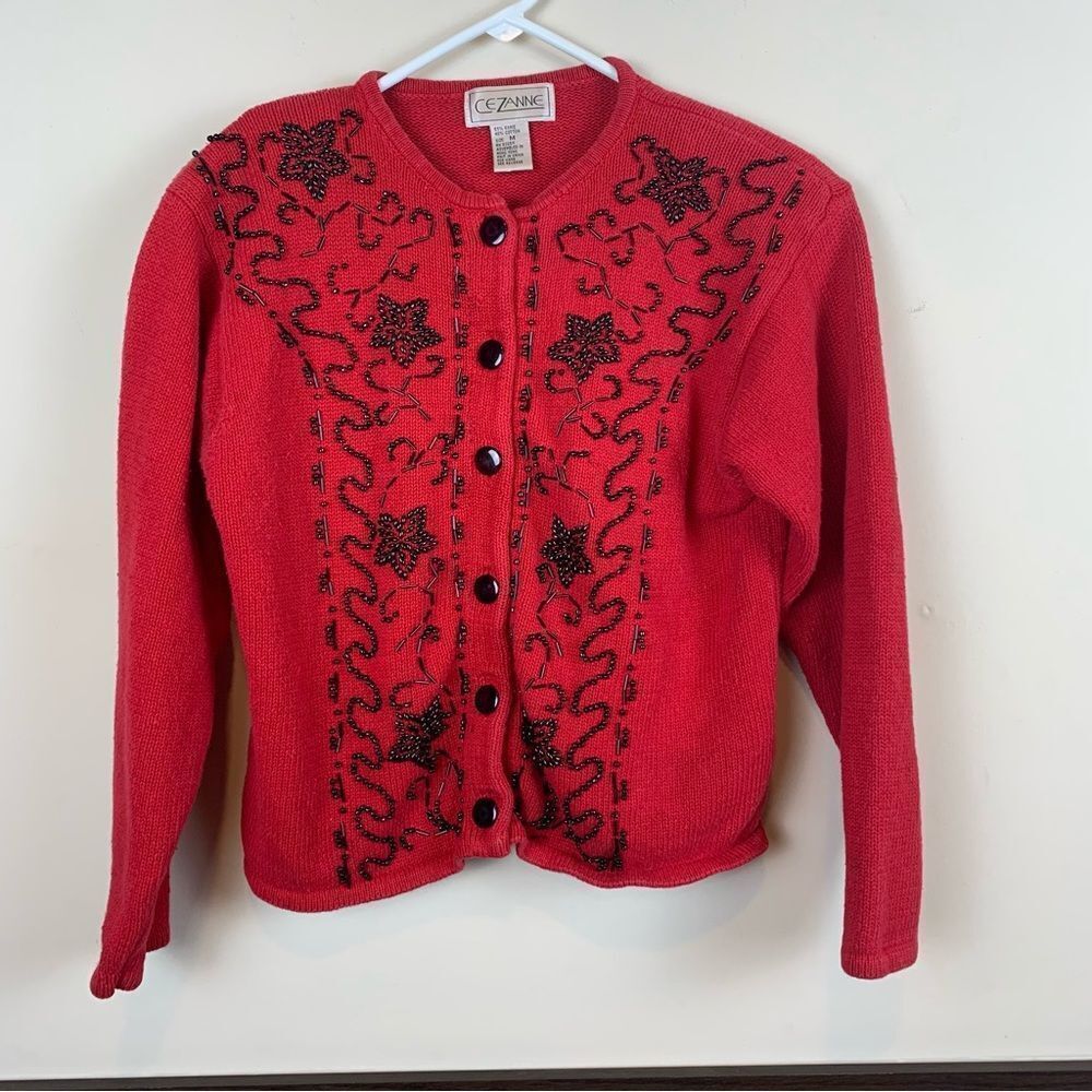 CeZanne Vintage 80’s Knit button up red & black beaded cardigan Sweater Medium
